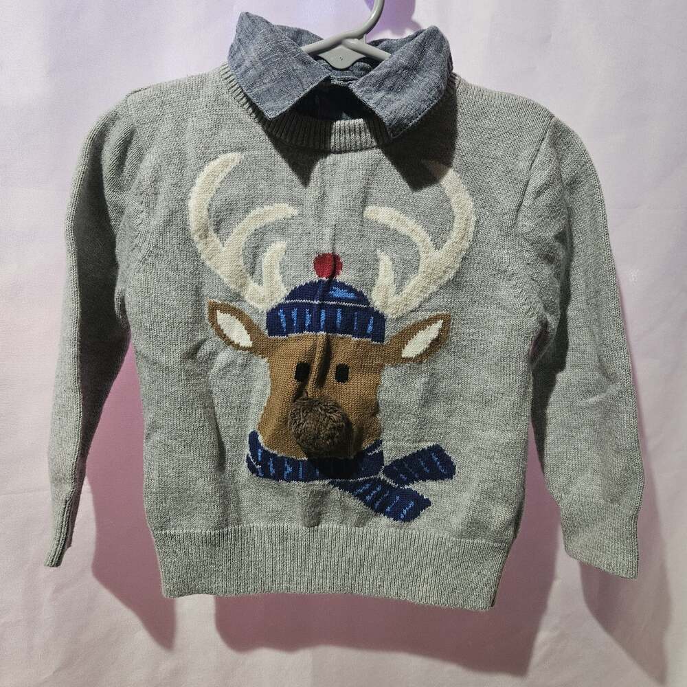 Cat & Jack Boys 18M Christmas Reindeer Sweater Gray 3D Nose Collar